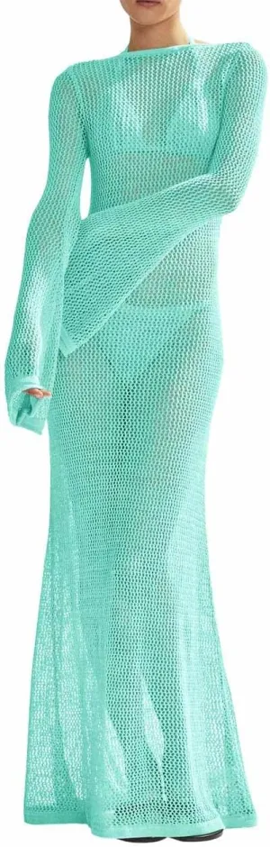 Saodimallsu Womens Crochet Cover Ups Long Sleeve Sexy Mesh Backless Knit Swimsuit Coverup Beach Maxi Dress