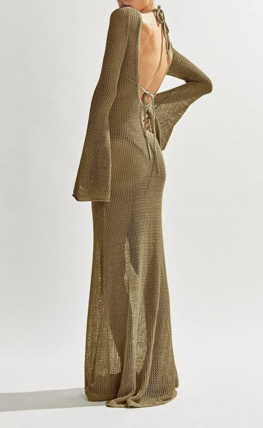 Saodimallsu Womens Crochet Cover Ups Long Sleeve Sexy Mesh Backless Knit Swimsuit Coverup Beach Maxi Dress
