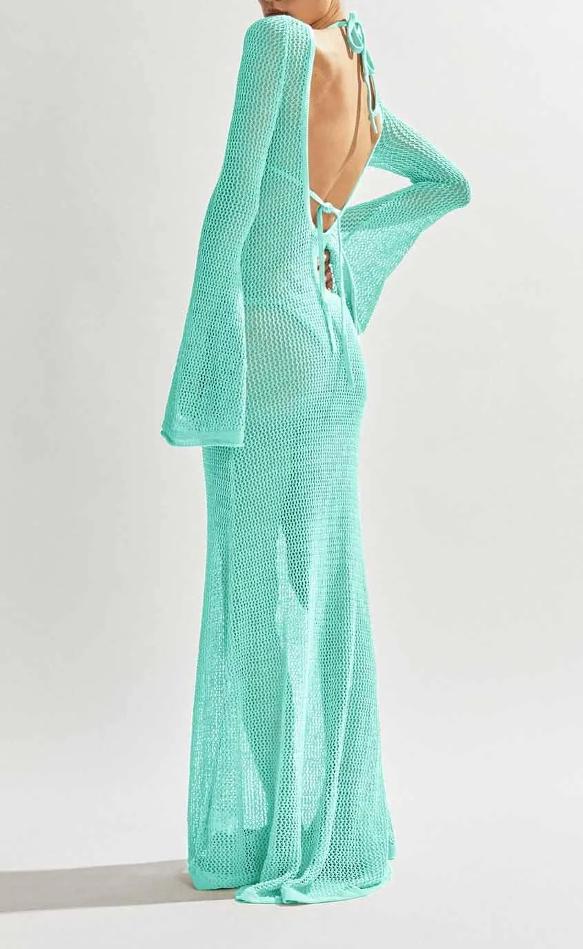 Saodimallsu Womens Crochet Cover Ups Long Sleeve Sexy Mesh Backless Knit Swimsuit Coverup Beach Maxi Dress