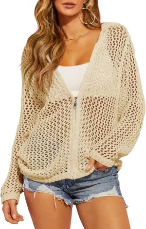 Saodimallsu Womens Crochet Lightweight Cardigans Zip Up Hooded Long Sleeve Knit Sweaters Mesh Beach Swim Cover Up