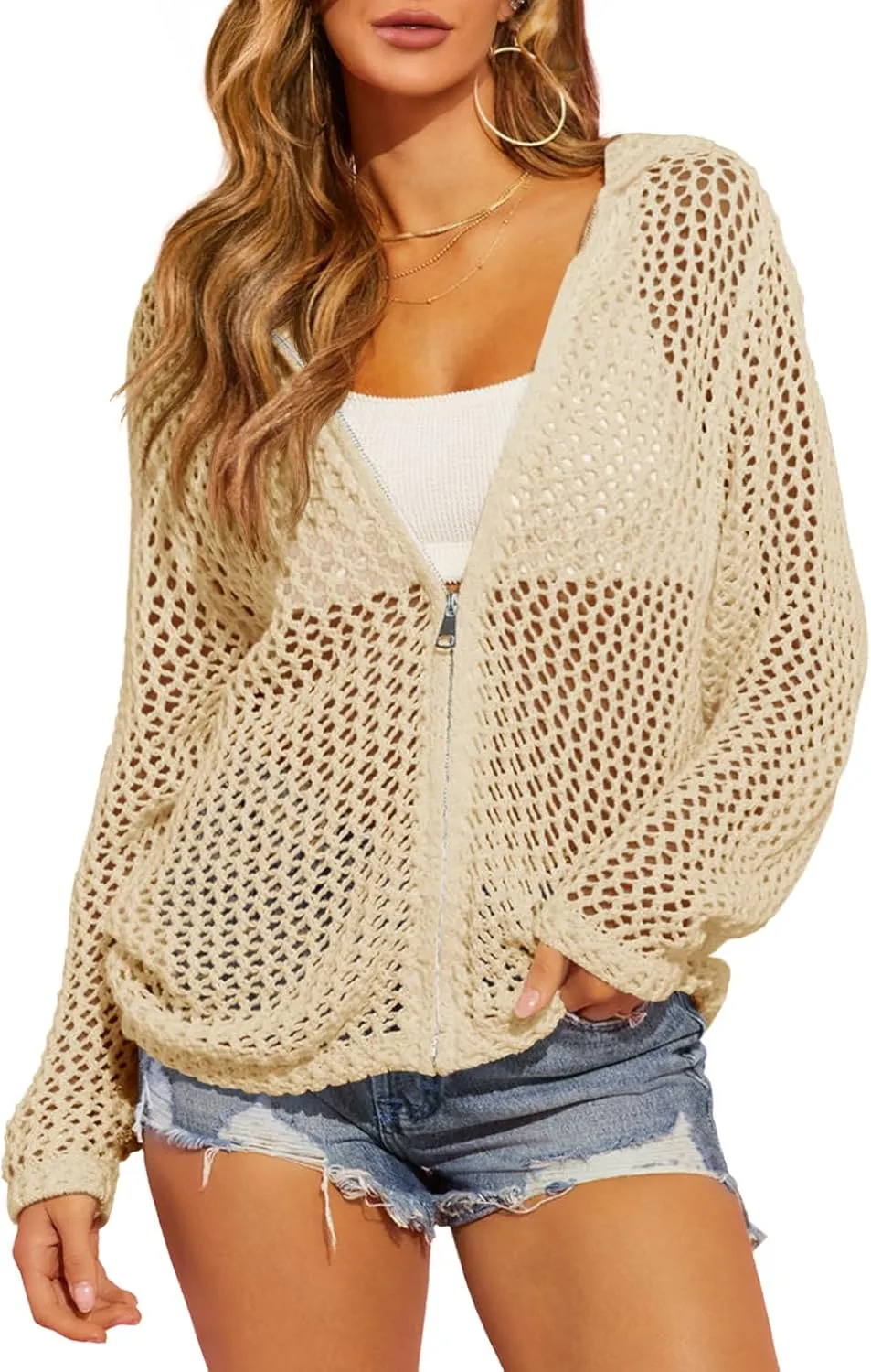 Saodimallsu Womens Crochet Lightweight Cardigans Zip Up Hooded Long Sleeve Knit Sweaters Mesh Beach Swim Cover Up