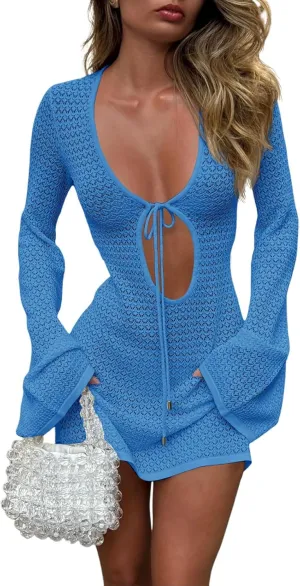 Saodimallsu Womens Crochet Swimsuit Cover Up Long Bell Sleeve V Neck Tie Mesh Knit Summer Beach Dress Vacation Outfits