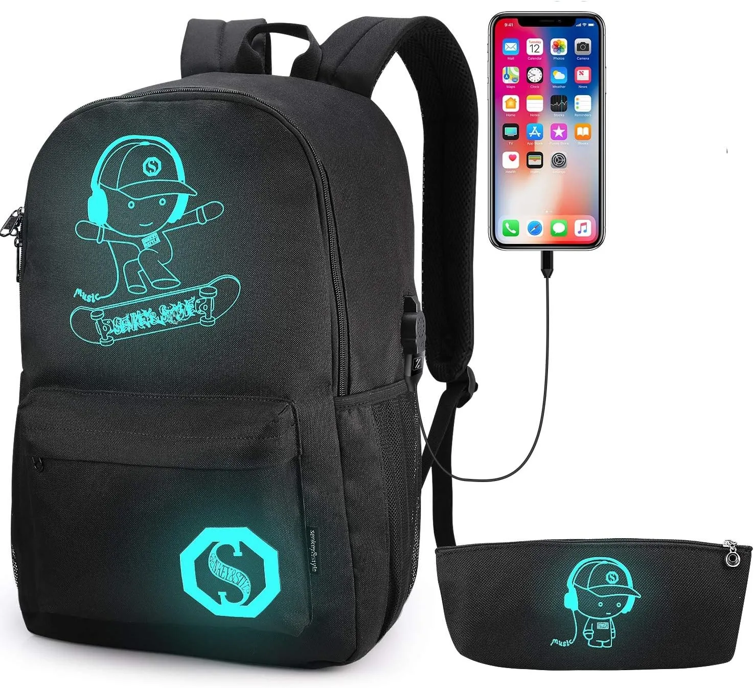 School Backpack for Teen Boys, Skateboard Anime Luminous Backpack with USB Charging Port, Anti Theft Lock and Pencil Case, College School Bookbag Lightweight Laptop Bag, Black