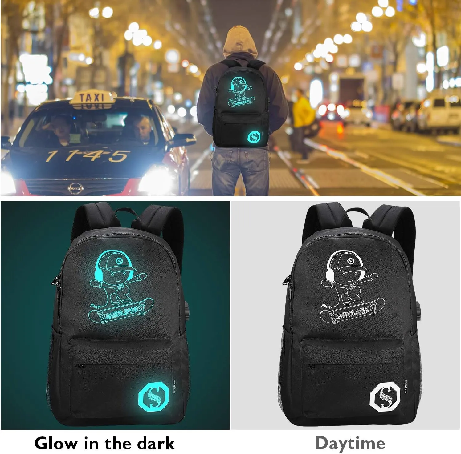 School Backpack for Teen Boys, Skateboard Anime Luminous Backpack with USB Charging Port, Anti Theft Lock and Pencil Case, College School Bookbag Lightweight Laptop Bag, Black