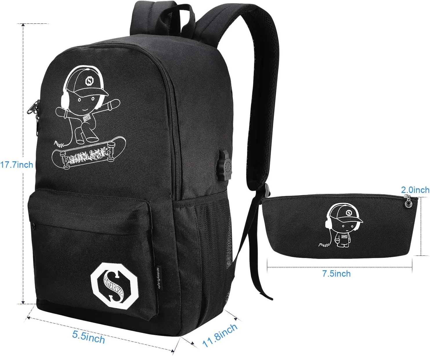 School Backpack for Teen Boys, Skateboard Anime Luminous Backpack with USB Charging Port, Anti Theft Lock and Pencil Case, College School Bookbag Lightweight Laptop Bag, Black