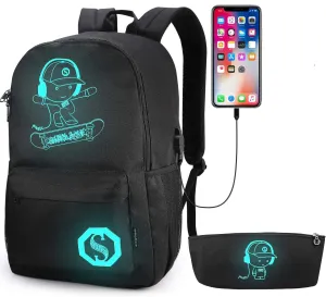 School Backpack for Teen Boys, Skateboard Anime Luminous Backpack with USB Charging Port, Anti Theft Lock and Pencil Case, College School Bookbag Lightweight Laptop Bag, Black