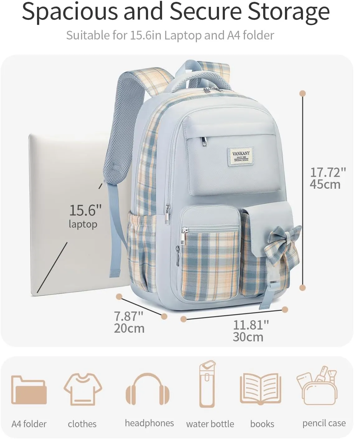 School Backpack for Teen Girls, Cute Bookbag Laptop Bag for Middle School Highschool College Women, Student Backpack Morral Escolar Niña (Blue)
