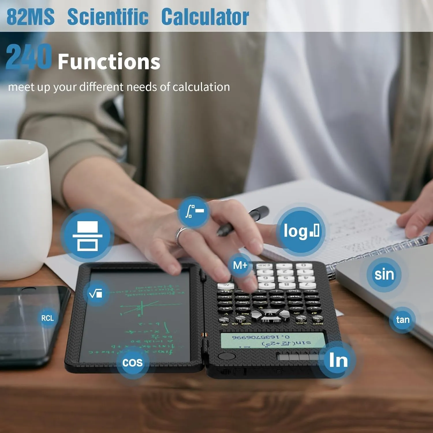 Scientific Calculator for School with Notepad, ROATEE Middle and High School Supplies for Students, 82 MS Foldable 2-Line Display Science Calculator with Writing Tablet, Solar and Battery Powered