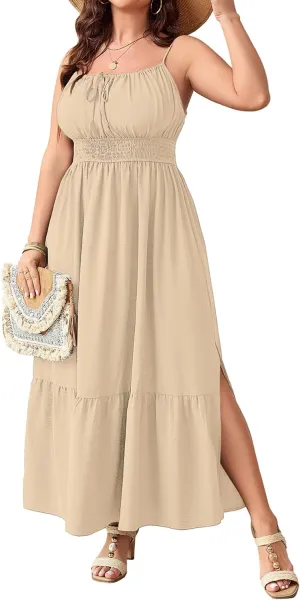 SCOMCHIC Plus Size Summer Boho Dresses Spaghetti Strap Sleeveless Casual Sundress Smocked Flowy Slit Beach Maxi Dress
