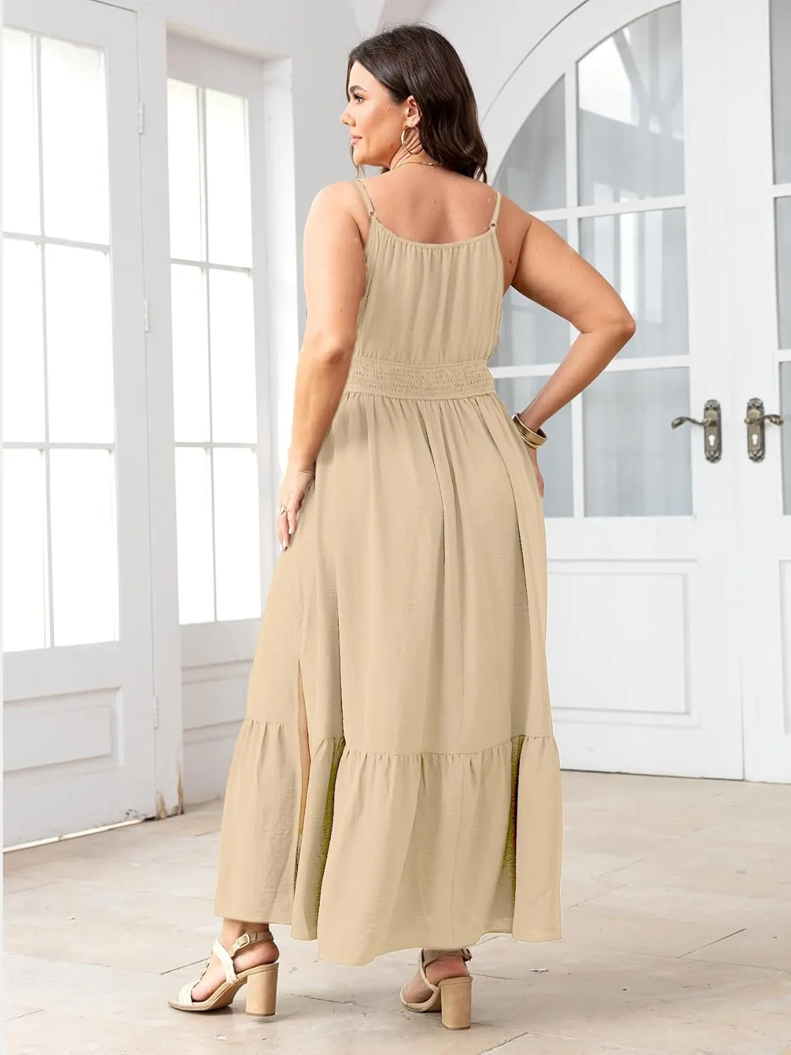 SCOMCHIC Plus Size Summer Boho Dresses Spaghetti Strap Sleeveless Casual Sundress Smocked Flowy Slit Beach Maxi Dress