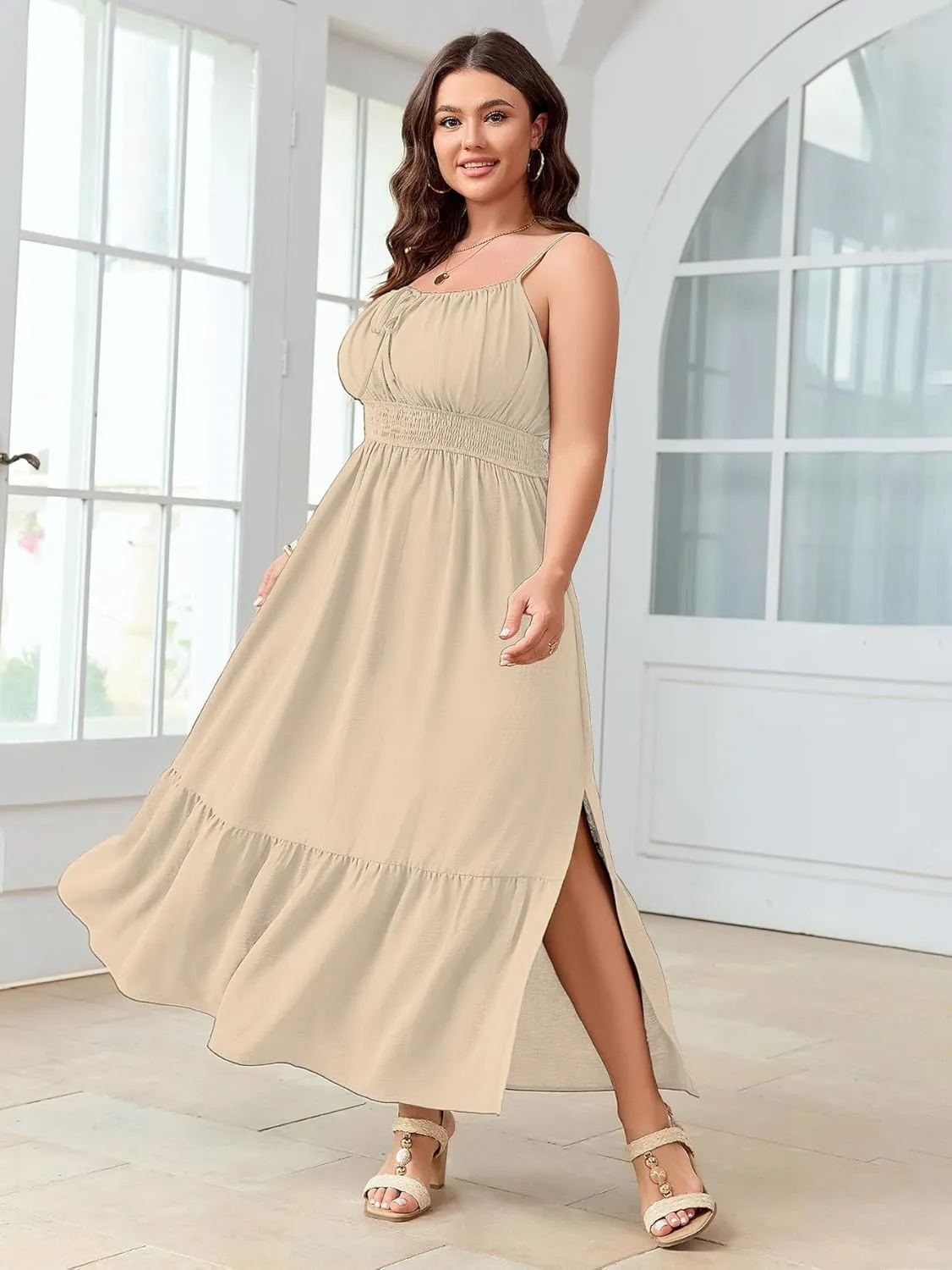 SCOMCHIC Plus Size Summer Boho Dresses Spaghetti Strap Sleeveless Casual Sundress Smocked Flowy Slit Beach Maxi Dress