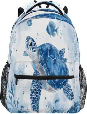 Sea Turtle Coral Reef Pattern Blue and Whit Backpack for Girls School Bags Bookbags for Teen Kids Travel Bag