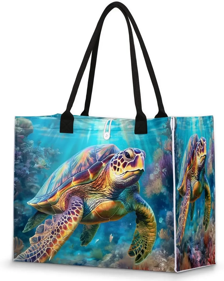 Seabed Turtle Beach Tote Bag Large Tote Bag for Women, Grocery Bags Beach Bag with Zipper, Reusable Shopping Shoulder Bag Teacher Tote Bags for Work, Travel