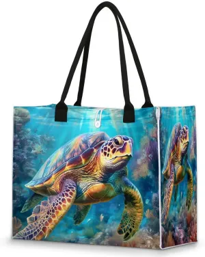 Seabed Turtle Beach Tote Bag Large Tote Bag for Women, Grocery Bags Beach Bag with Zipper, Reusable Shopping Shoulder Bag Teacher Tote Bags for Work, Travel