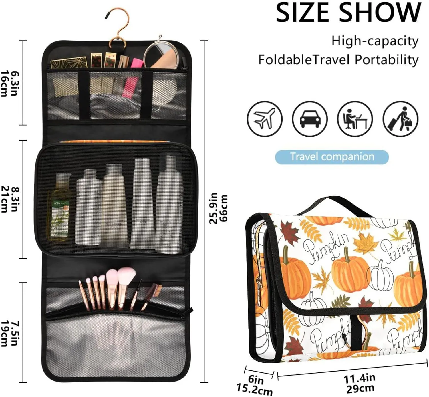 Seamless Autumn Leaves, Orange Pumpkins, Draft Pumpkins 3 PCs Set Toiletry bags, 1 Women's Travel Cosmetic Bag, 1 Hanging Toiletry Wash Bag, 1 Brush Case, Portable Makeup Storage Case