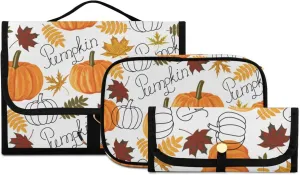Seamless Autumn Leaves, Orange Pumpkins, Draft Pumpkins 3 PCs Set Toiletry bags, 1 Women's Travel Cosmetic Bag, 1 Hanging Toiletry Wash Bag, 1 Brush Case, Portable Makeup Storage Case