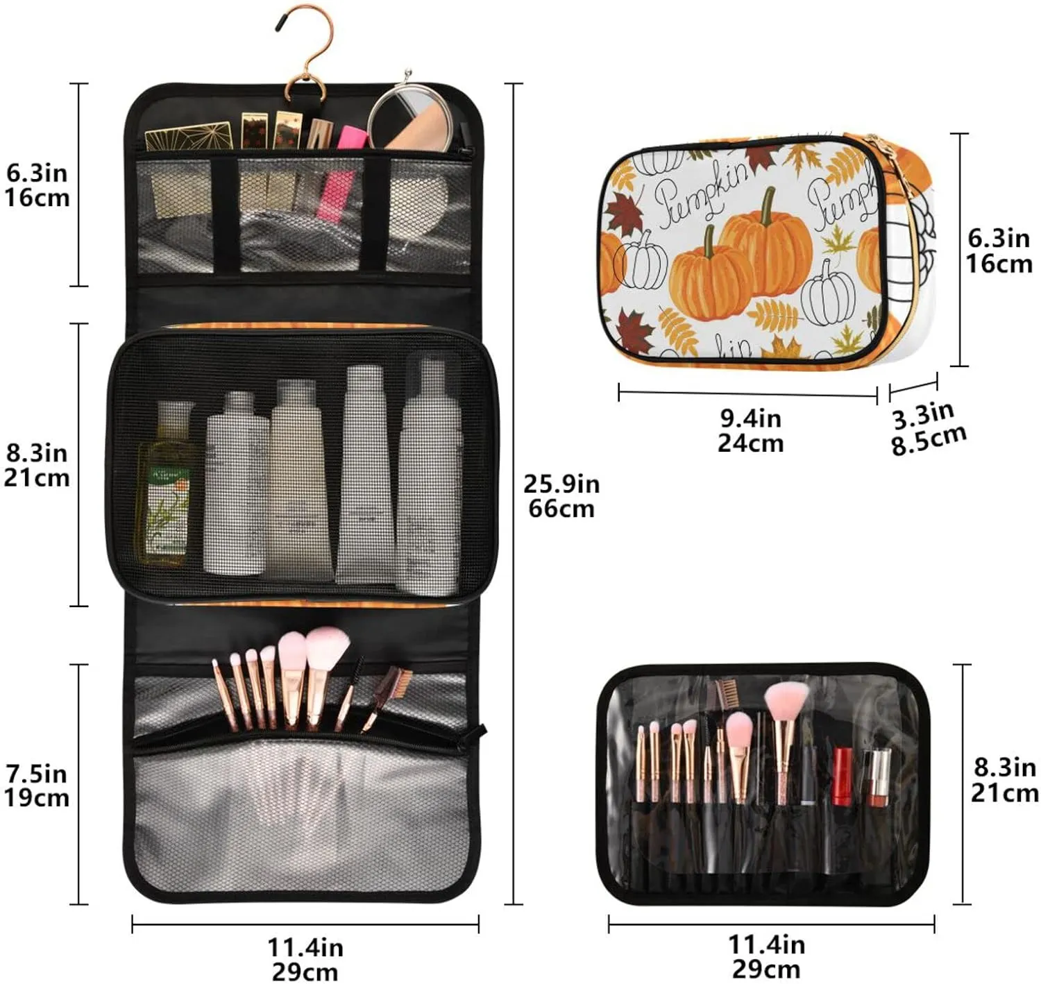 Seamless Autumn Leaves, Orange Pumpkins, Draft Pumpkins 3 PCs Set Toiletry bags, 1 Women's Travel Cosmetic Bag, 1 Hanging Toiletry Wash Bag, 1 Brush Case, Portable Makeup Storage Case