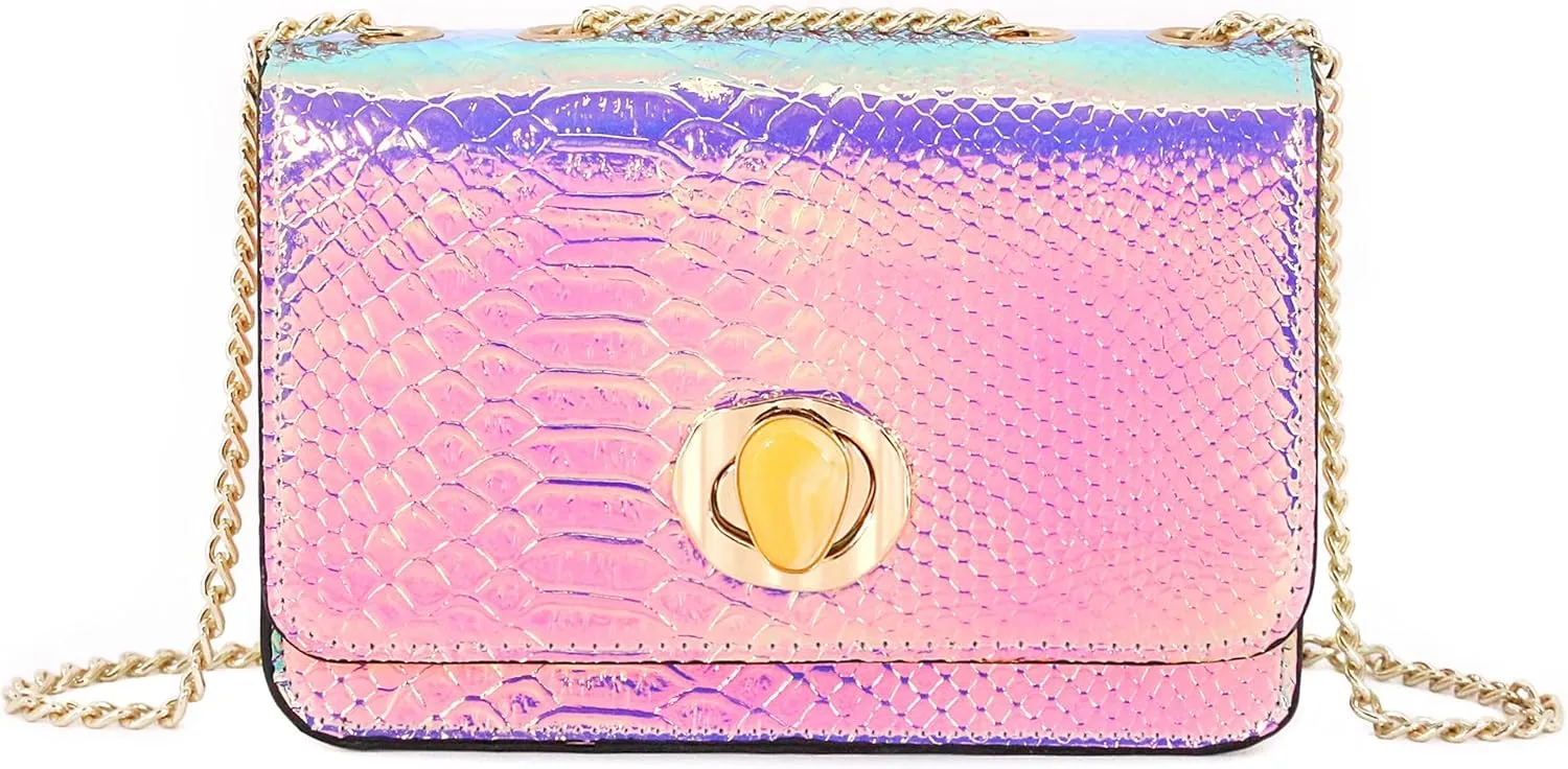 Segreto Women Shiny Chain Hologram Holographic Evening Bag Handbag Shoulder Bag Crossbody Bag
