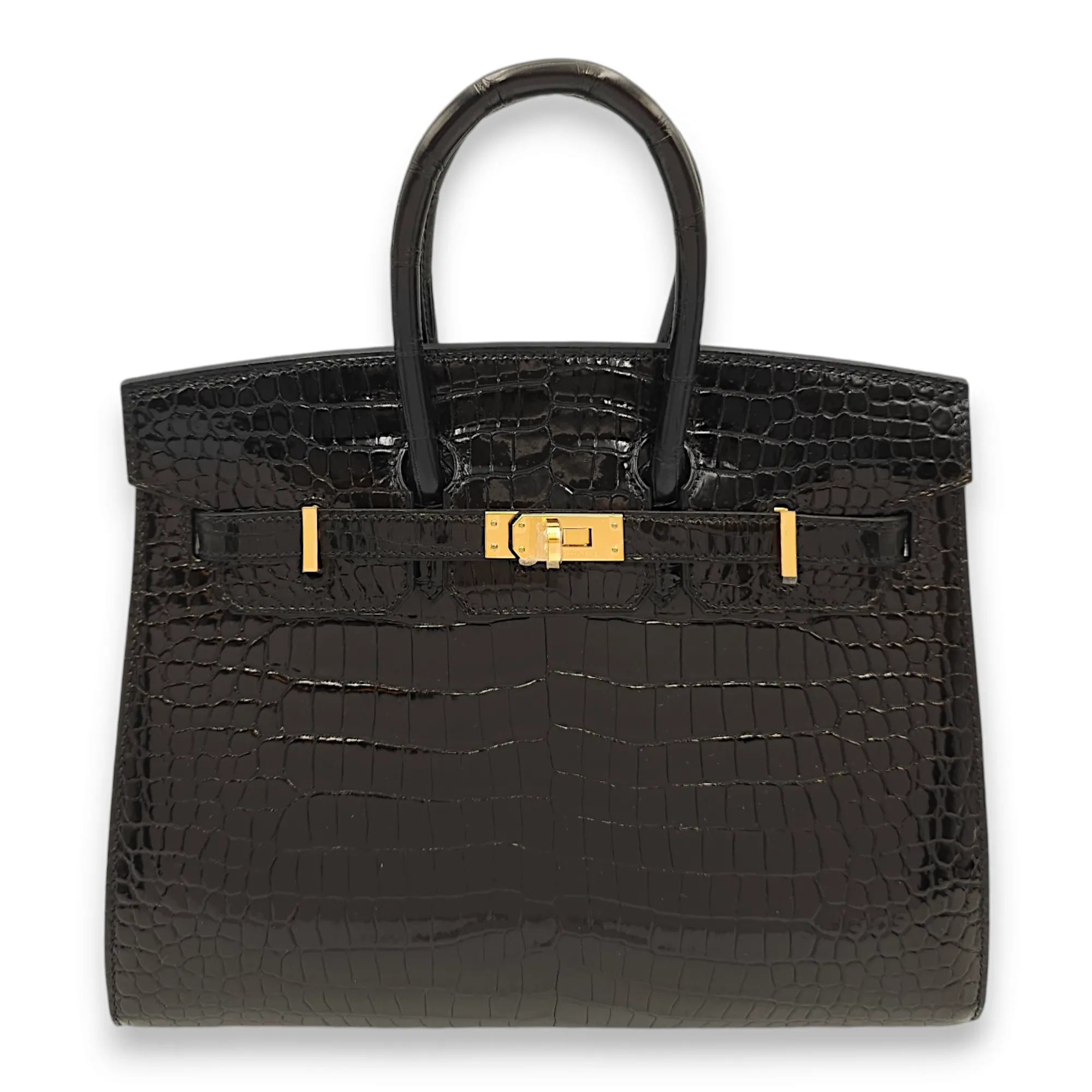 Sellier Birkin 25 Black in Shiny Porosus, Gold hardware