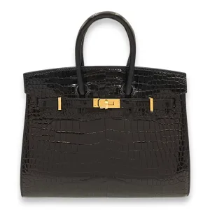 Sellier Birkin 25 Black in Shiny Porosus, Gold hardware