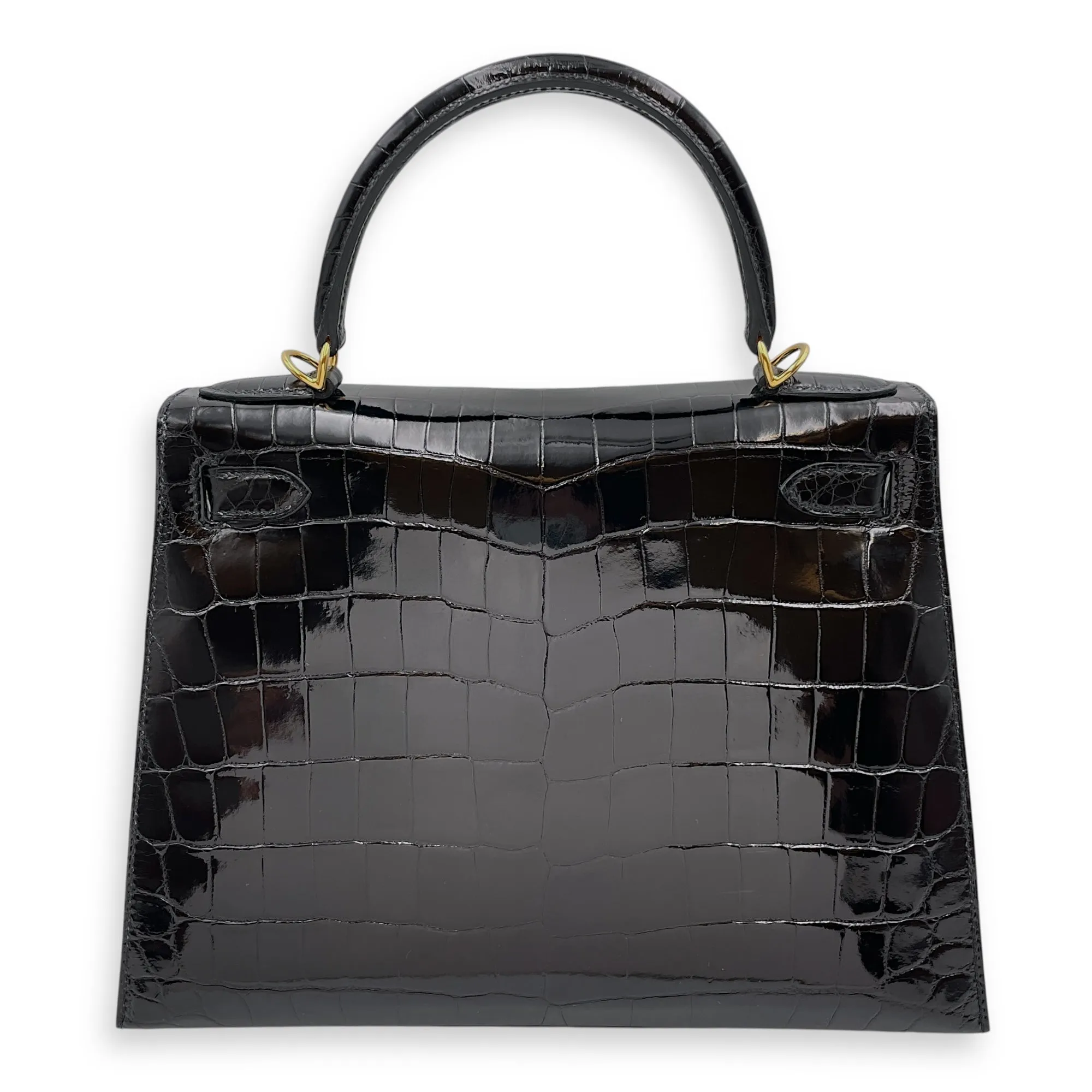 Sellier Kelly 28 Black in Shiny Niloticus, Gold hardware