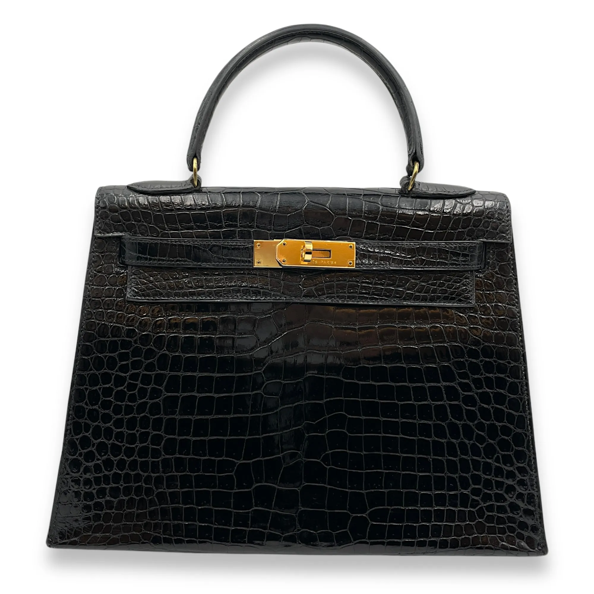 Sellier Kelly 28 Black in Shiny Porosus, Gold hardware