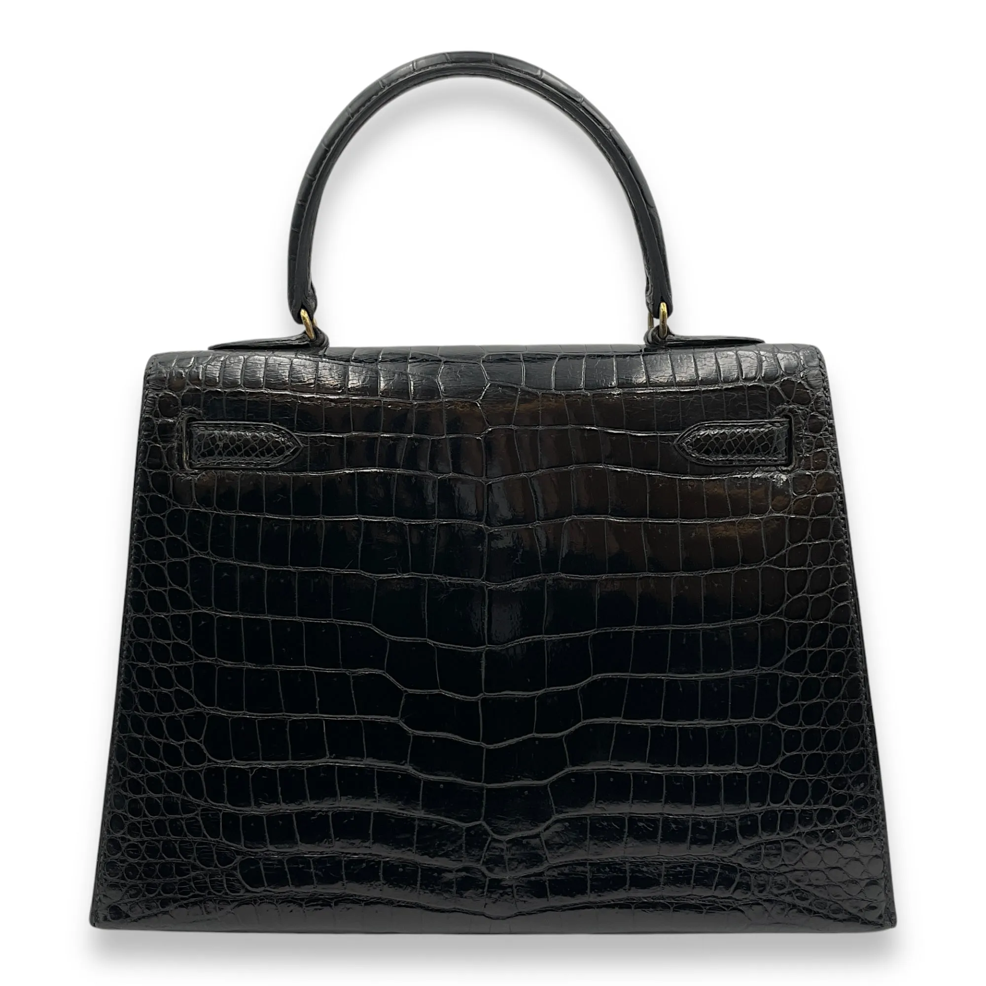 Sellier Kelly 28 Black in Shiny Porosus, Gold hardware