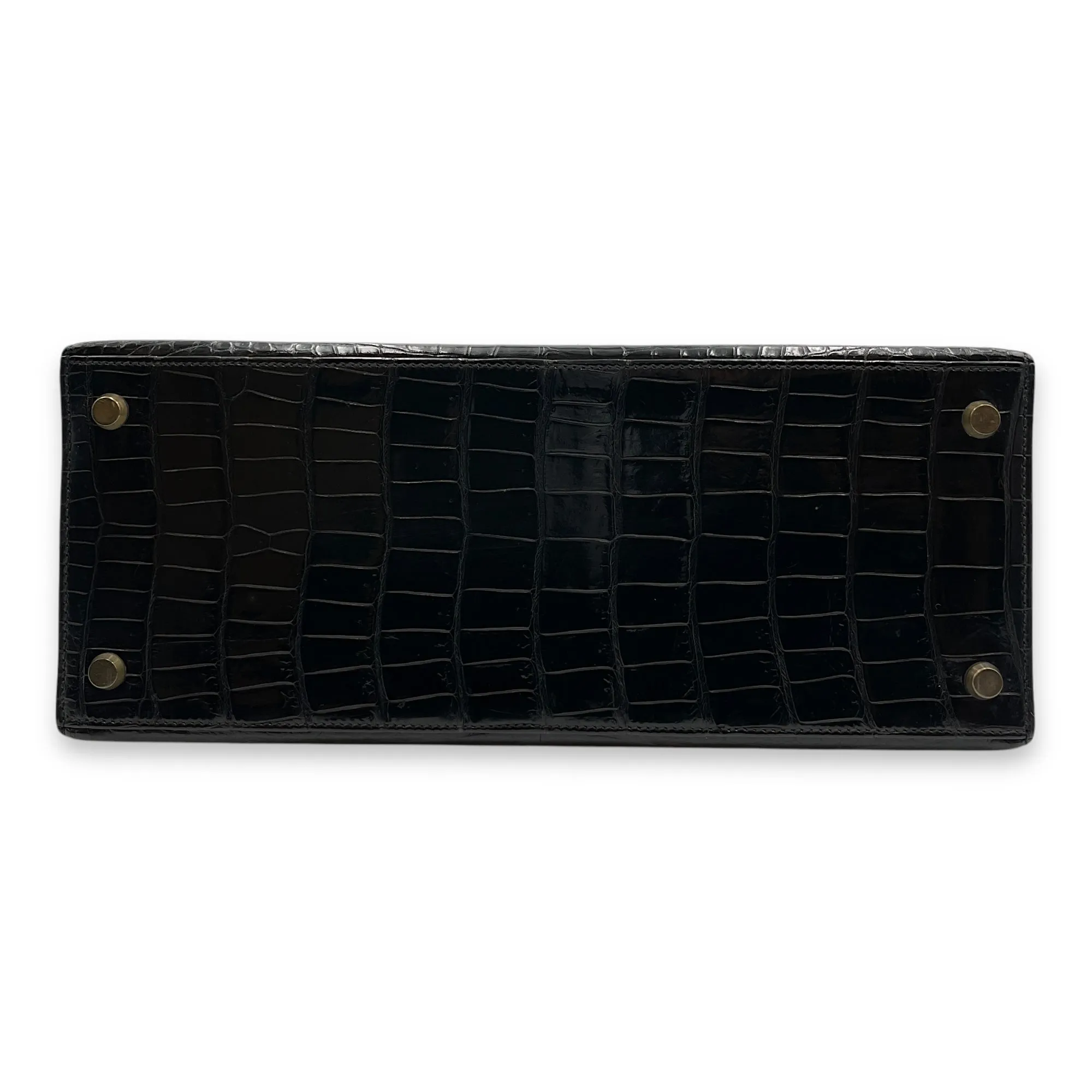 Sellier Kelly 28 Black in Shiny Porosus, Gold hardware