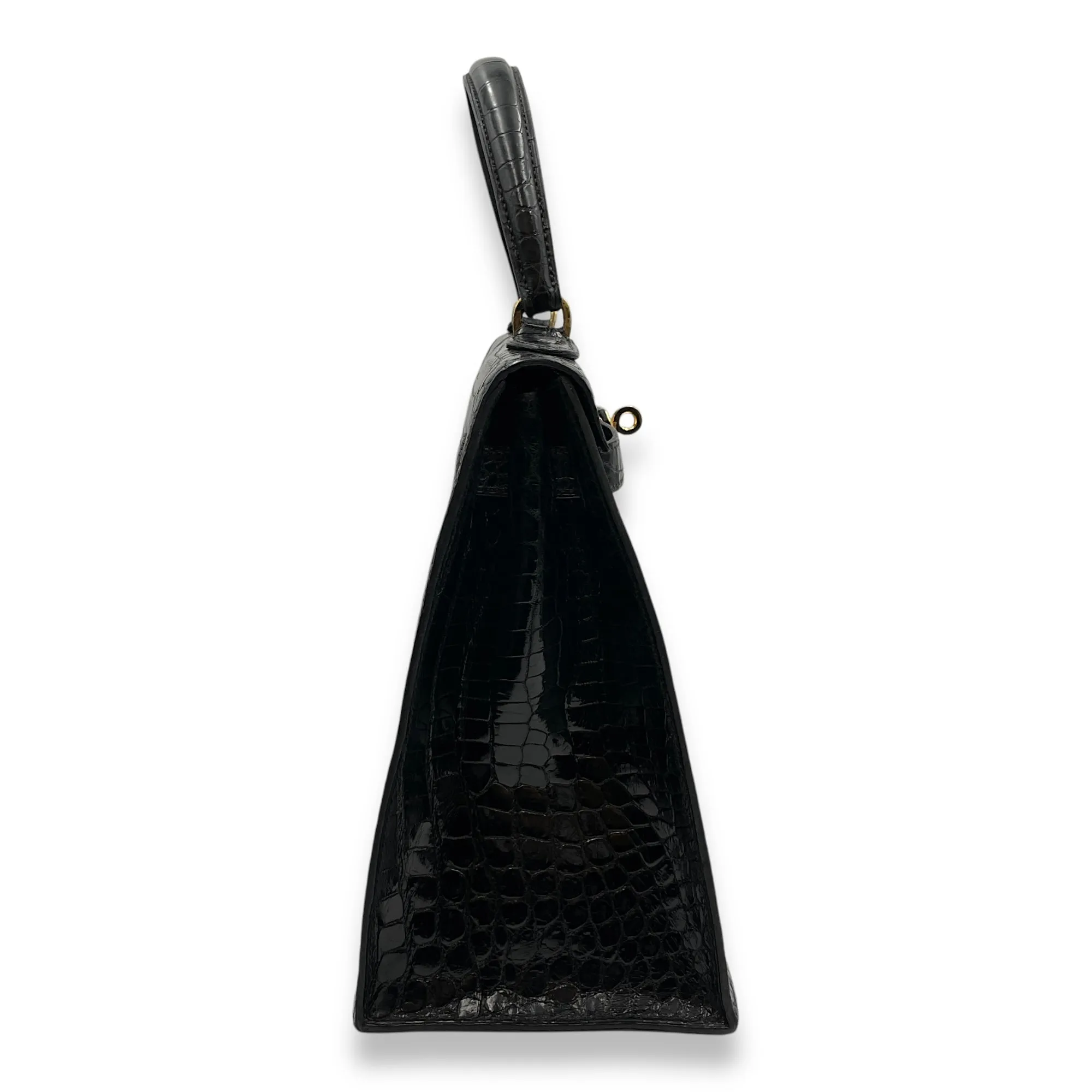 Sellier Kelly 28 Black in Shiny Porosus, Gold hardware