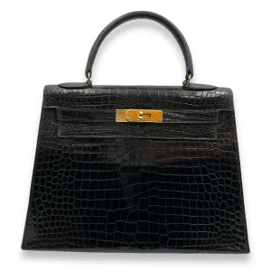 Sellier Kelly 28 Black in Shiny Porosus, Gold hardware