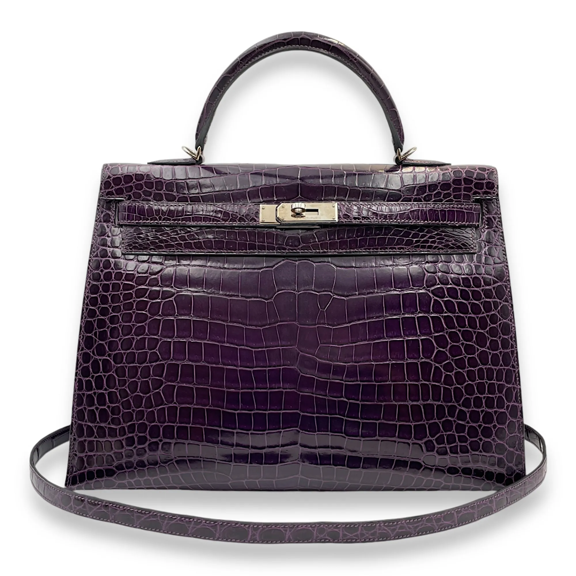 Sellier Kelly 35 Amethyst in Shiny Porosus, Palladium hardware