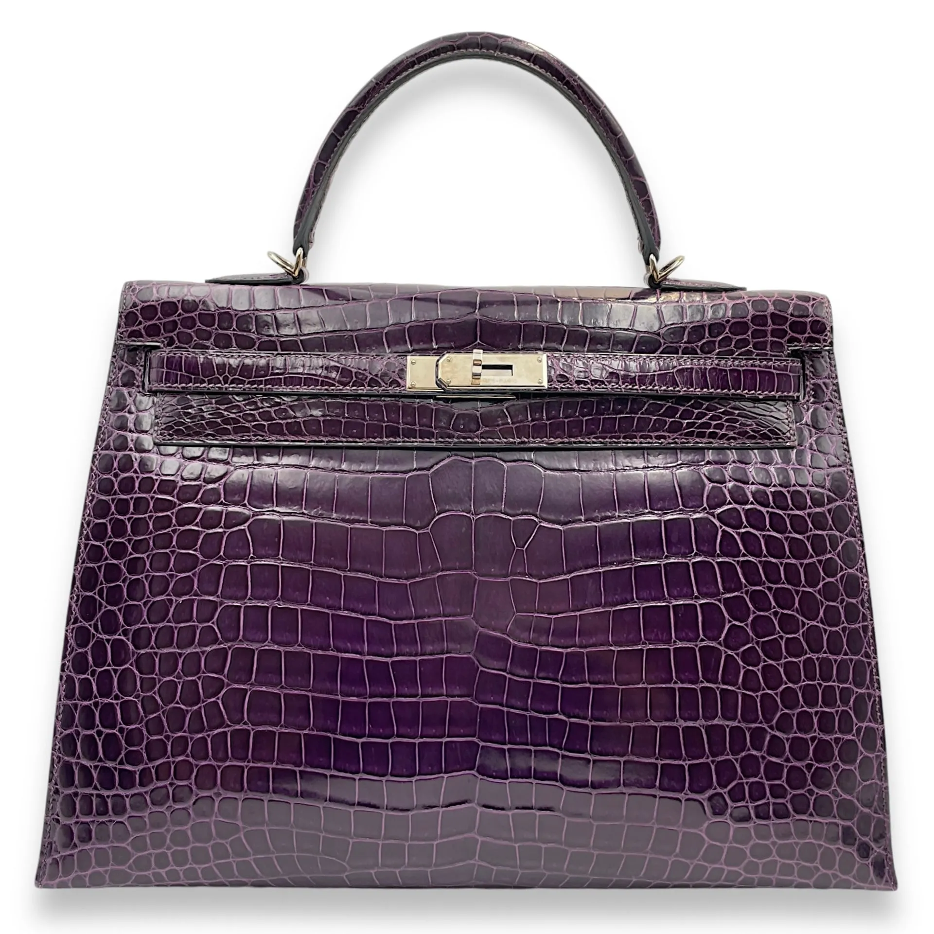 Sellier Kelly 35 Amethyst in Shiny Porosus, Palladium hardware
