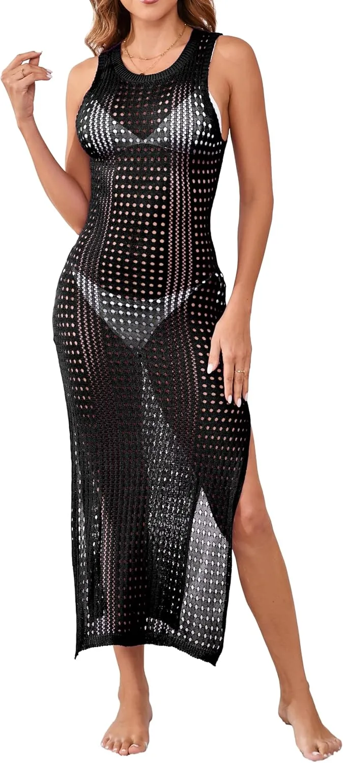 Sexy Cover Ups for Swimwear Women Casual See Through Crochet Mesh Bathing Suit Dress Summer