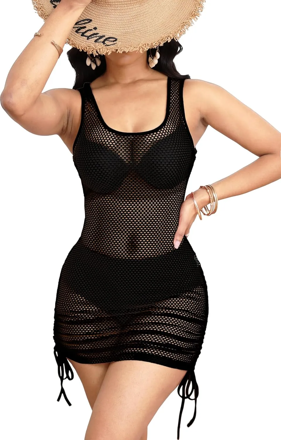 sexycherry Women's Sexy Swimsuit Cover Ups Bodycon Swimwear Bikini Mesh Dress See Through Beach Dresses
