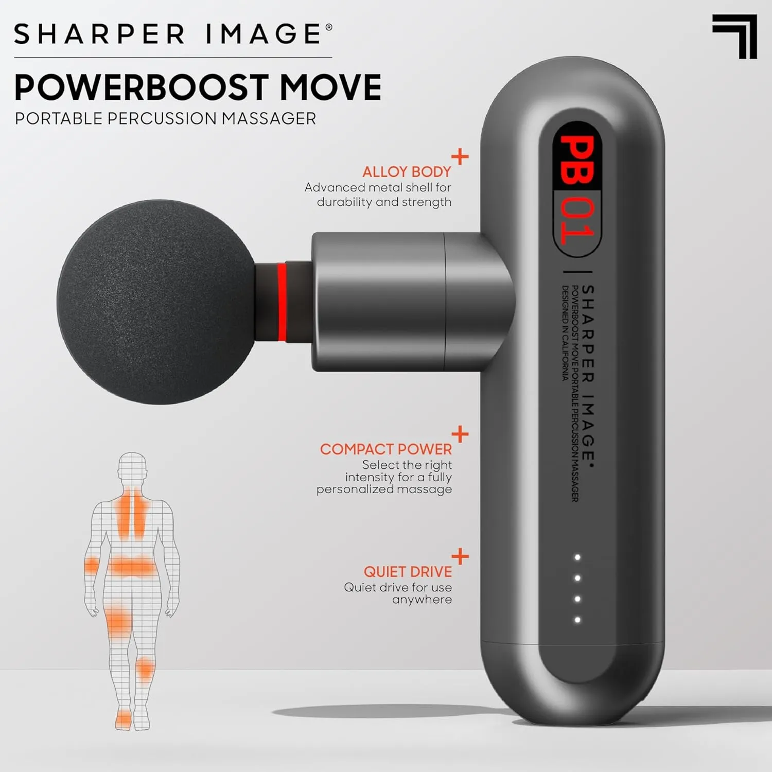 Sharper Image Powerboost Move - Portable Percussion Massage Gun with 4 Attachments, 4 Speeds| Lightweight Full Body Back & Shoulder Massager| Deep Tissue Muscle Recovery, Pain Relief & Soreness
