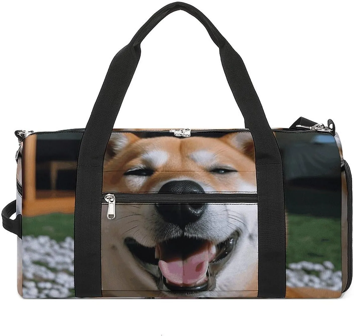 Shiba Inu Smile Tongue Out Gym Bag Travel Duffel Bags for Men Women Large Weekender Bags Carry On Overnight Duffle Bag with Shoe Compartment for Workout