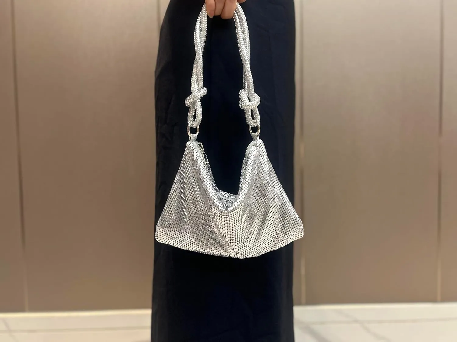 Shimmering Metal Mesh Evening Bag Knotted Shoulder Strap Women Evening Shiny Hobo Metallic Purse