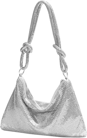 Shimmering Metal Mesh Evening Bag Knotted Shoulder Strap Women Evening Shiny Hobo Metallic Purse