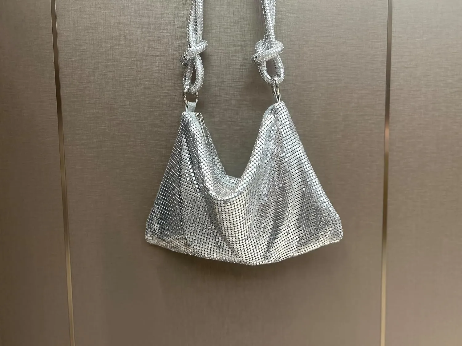 Shimmering Metal Mesh Evening Bag Knotted Shoulder Strap Women Evening Shiny Hobo Metallic Purse