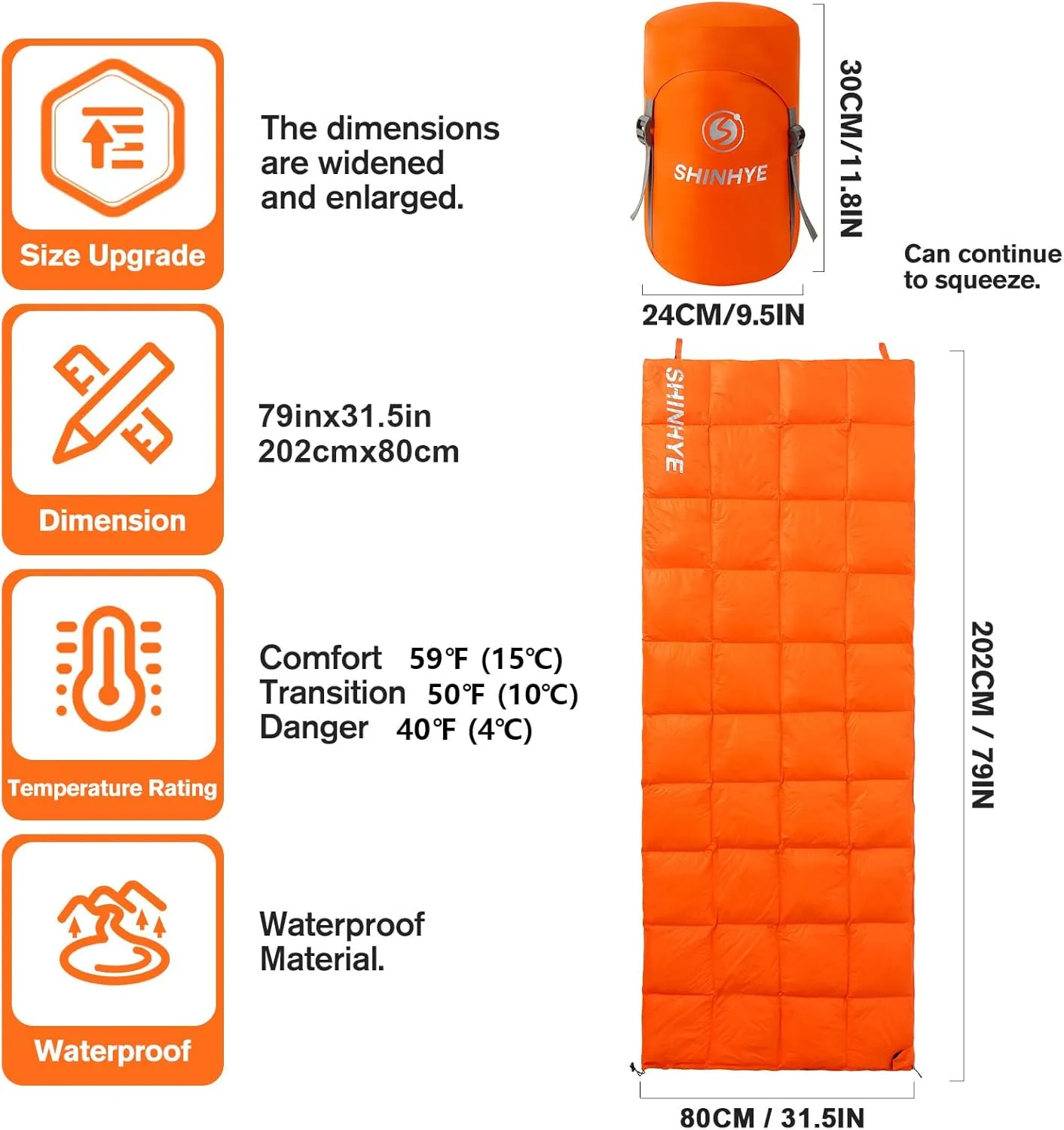 ShinHye Ultralight Sleeping Bag for Adults - 500g Premium Duck Down Waterproof & Compressible, 3 Season Backpacking Camping 40-59℉, Compact Lightweight Sleeping Bag with Compression Sack