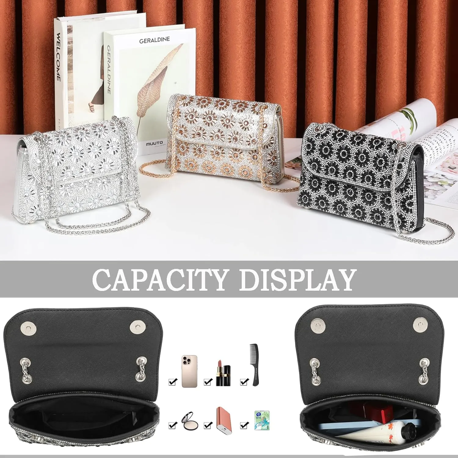 Shoulder Bags Crossbody Bag Purses Handbags Crystals Rhinestone Evening Bag for Women Clutch Purse with Chain