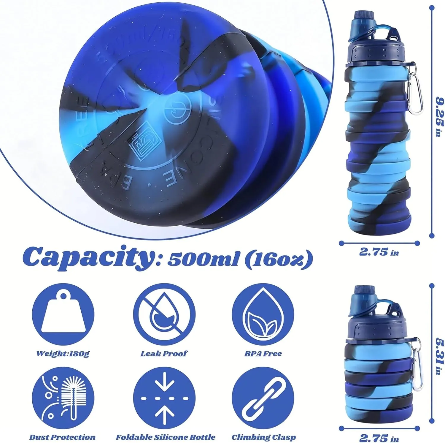 Silicone Collapsible Sports Cup Men and Women Telescopic Cup Creative Outdoor Travel Bottle Portable Cold Water Bottle(Blue)