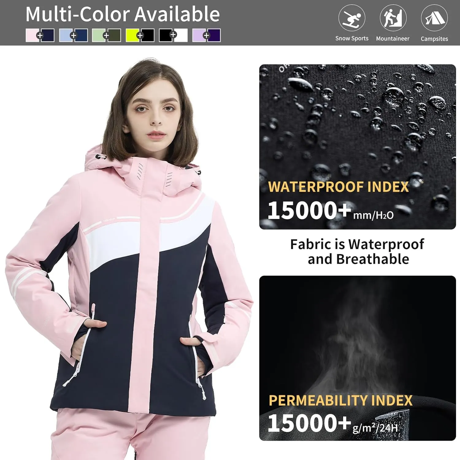 Ski Jacket Women Snowboard Coat Fitted Slim Fit Snow Short Windproof Waterproof Insulated Warm Removable Hood