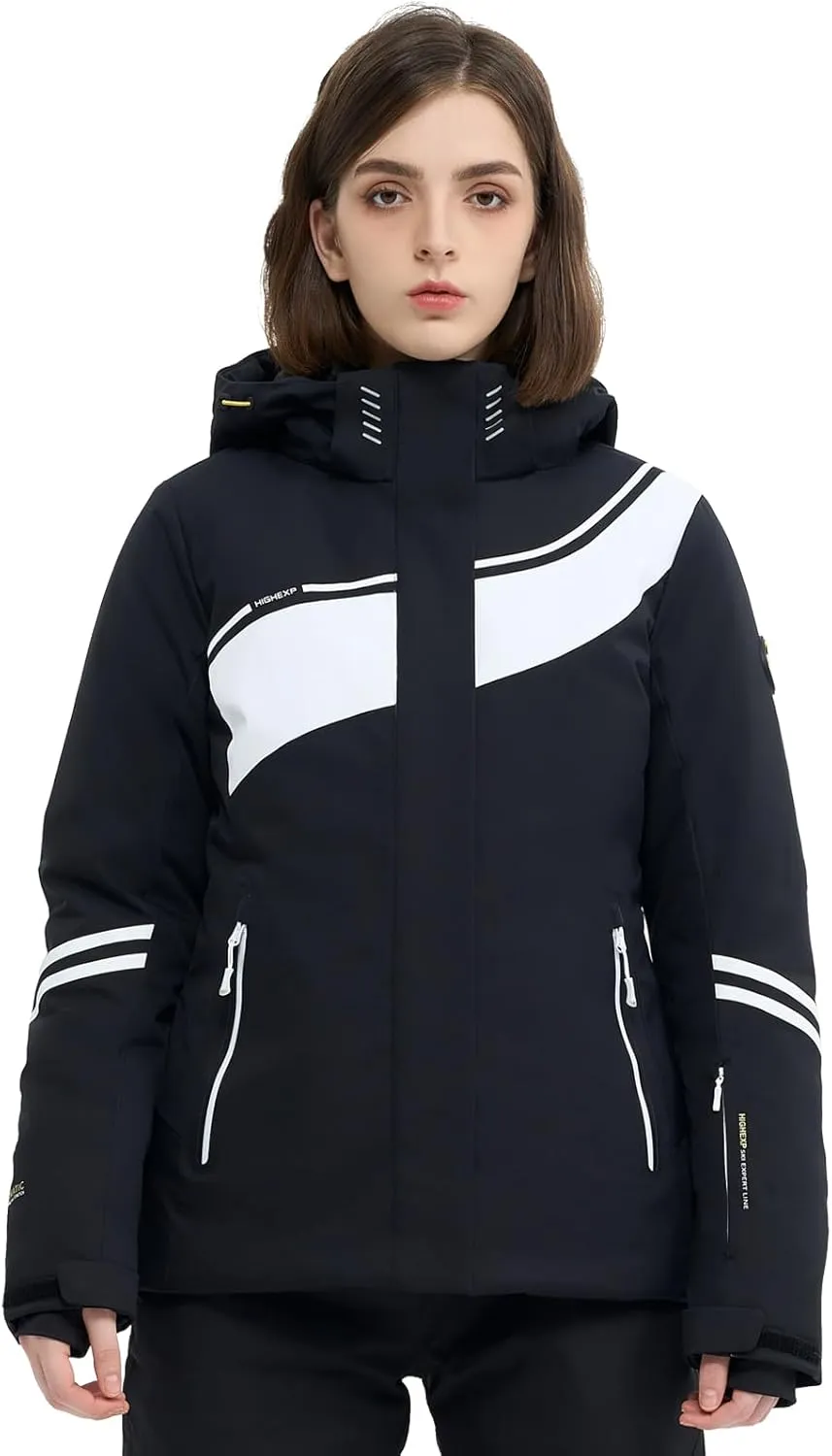 Ski Jacket Women Snowboard Coat Fitted Slim Fit Snow Short Windproof Waterproof Insulated Warm Removable Hood