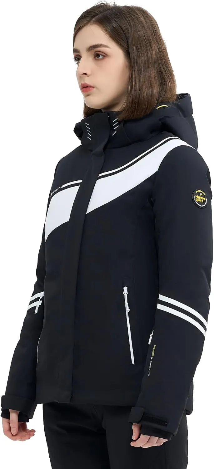 Ski Jacket Women Snowboard Coat Fitted Slim Fit Snow Short Windproof Waterproof Insulated Warm Removable Hood