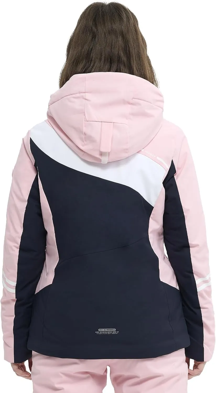 Ski Jacket Women Snowboard Coat Fitted Slim Fit Snow Short Windproof Waterproof Insulated Warm Removable Hood