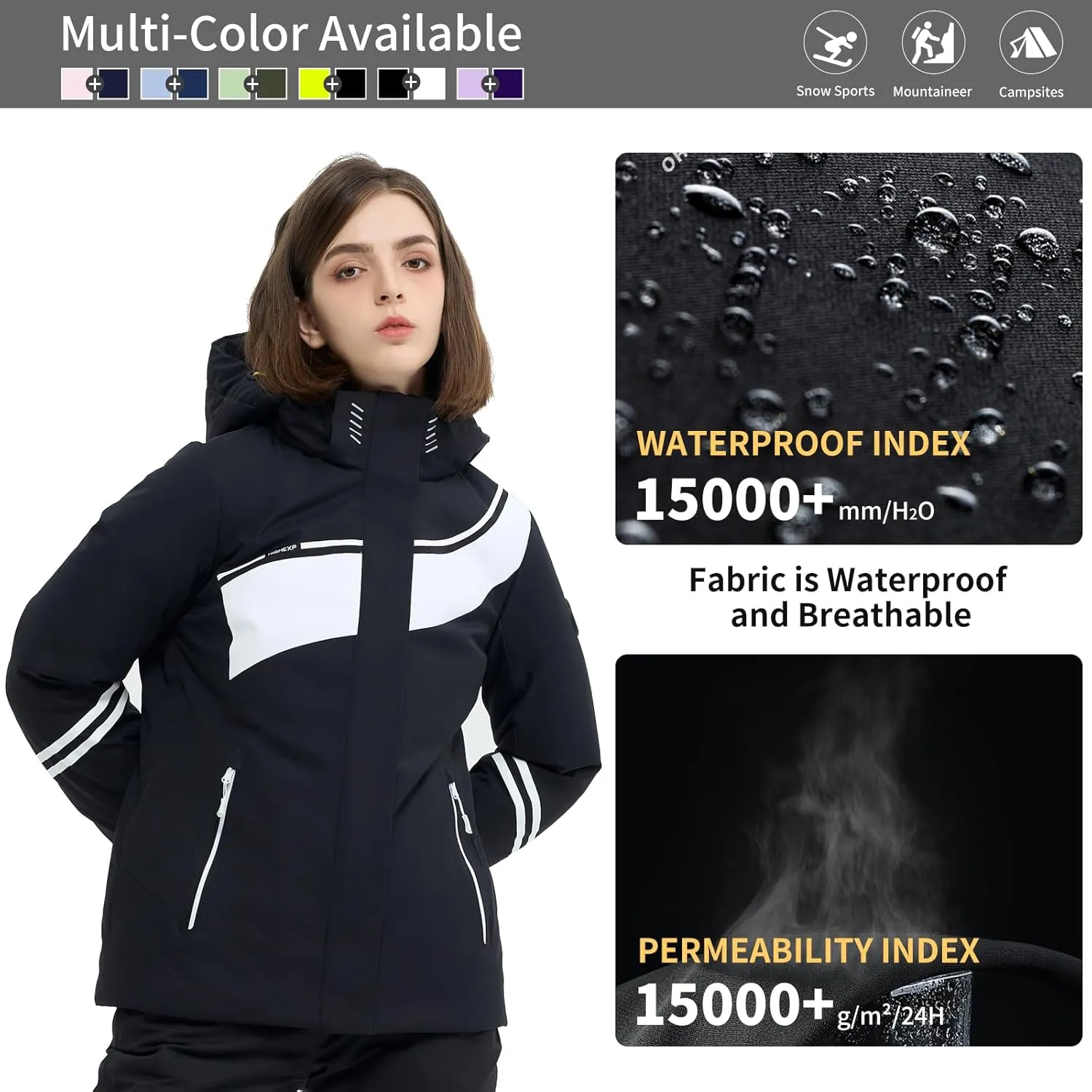 Ski Jacket Women Snowboard Coat Fitted Slim Fit Snow Short Windproof Waterproof Insulated Warm Removable Hood