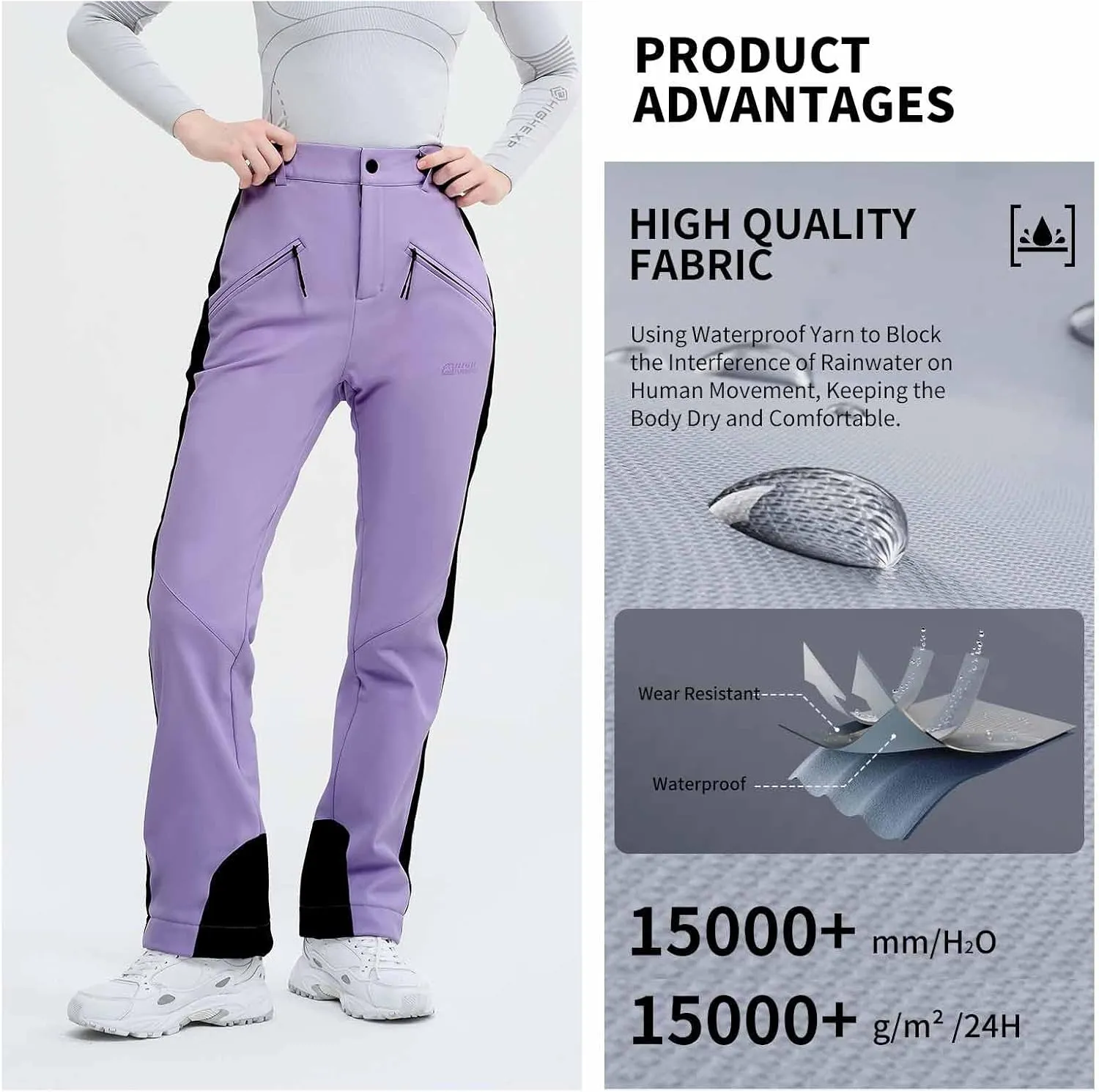 Ski Pants for Women Snow Fleece Lined Snowboard Soft Shell Slim Fit Fitted Waterproof Windproof Warm