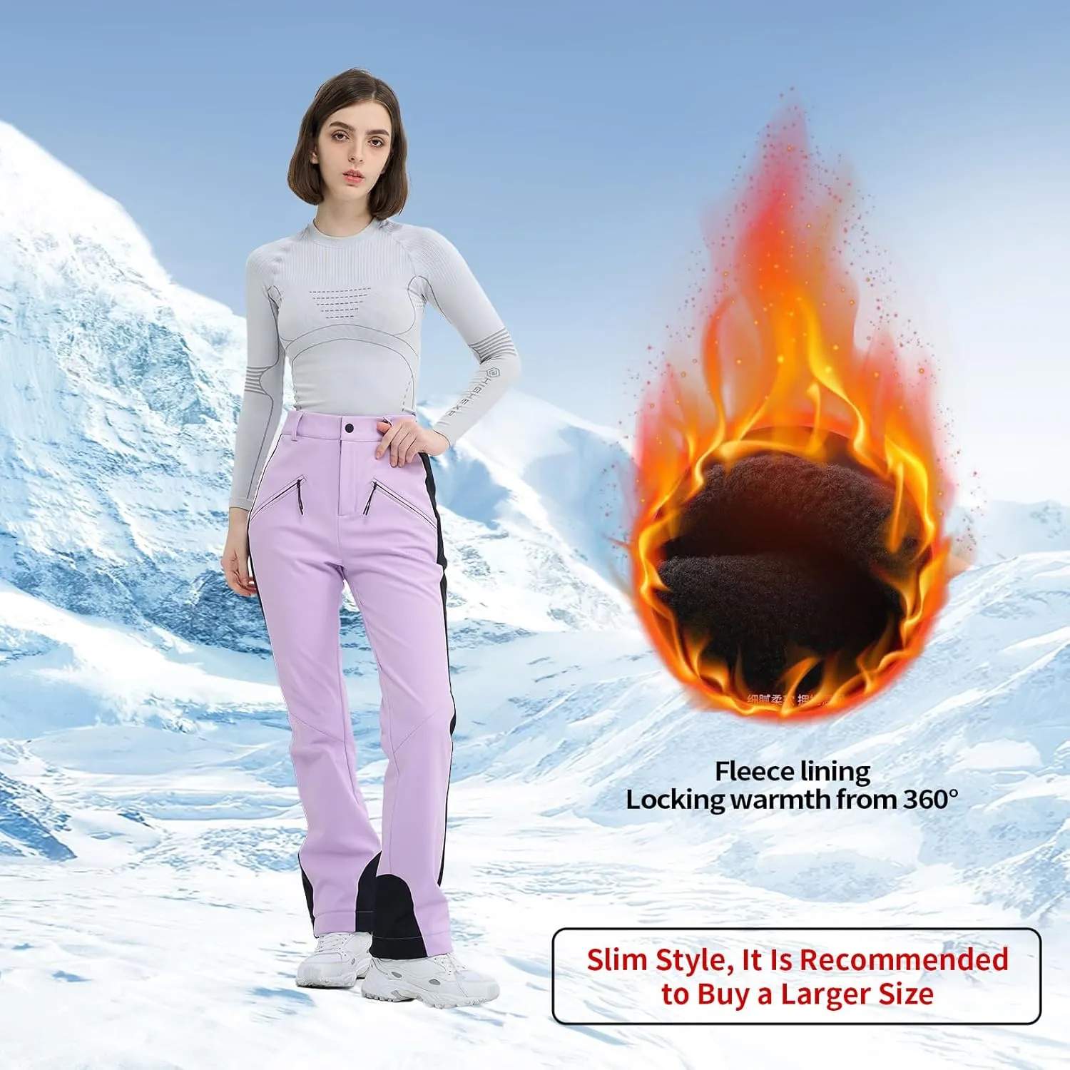 Ski Pants for Women Snow Fleece Lined Snowboard Soft Shell Slim Fit Fitted Waterproof Windproof Warm
