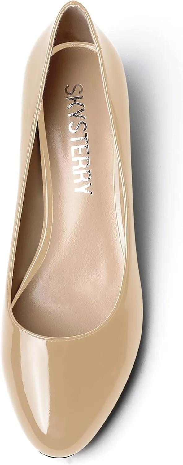SKYSTERRY Women's Office Kitten Round Toe Slip On Patent Spool Low Heel Pumps Office Dress Shoes 1.5 Inch
